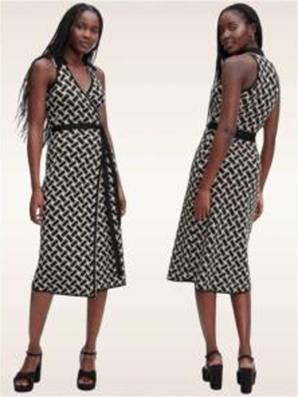 Diane Von Furstenberg Black and White Geometric Wrap Midi Dress